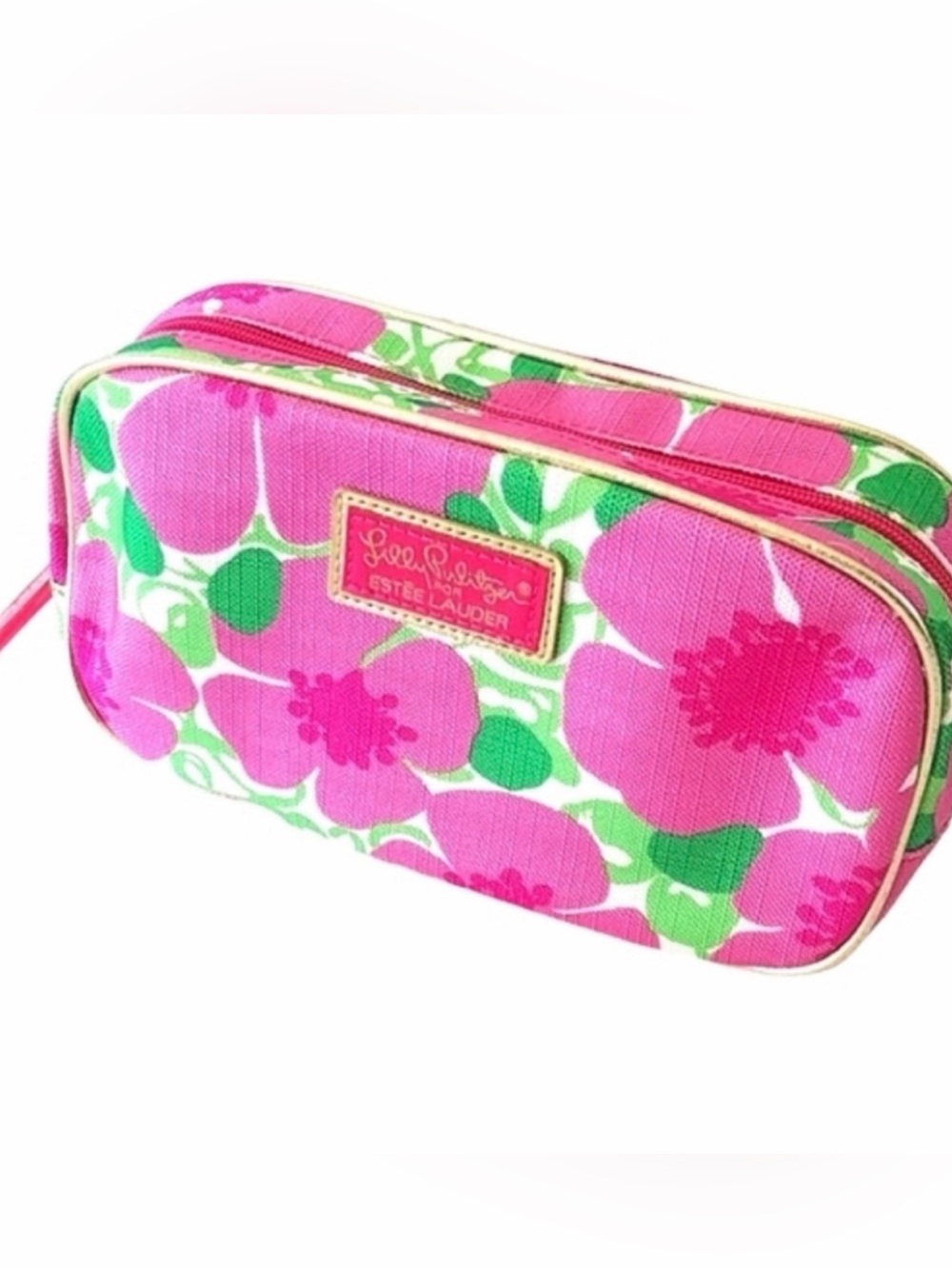 Lilly Pulitzer Estée Lauder pink and green floral cosmetic make up travel bag.